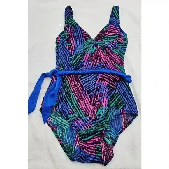 Vtg 80s/90s Robby Len Swimfashions Women's 14 Multicolored One-piece Swimsuit - Picture 1 of 9